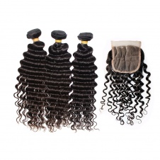Steam processed deep wave hair extensions Brazilian hair weave 3bundles with lace closure