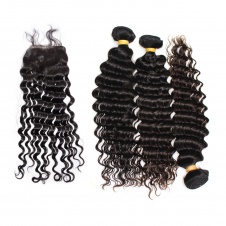 Malaysian Curly Weave Raw Human Hair Bundles 3pcs with 4x4 Lace closure Deep wave hair 