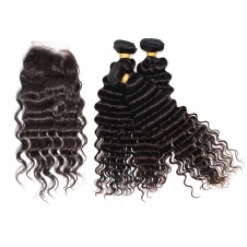Raw Deep wave Indian hair weft natural color virgin human hair 3bundles with 4x4 Swiss Lace closure