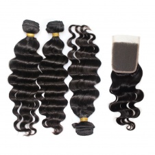 Malaysian loose wave natural black hair 100% Raw Virgin hair weave 3 bundles with 4x4 Swiss Lace closure Dropshipping