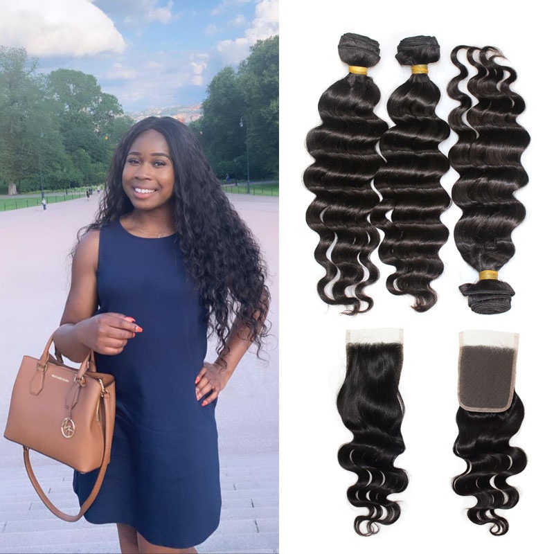 Malaysian loose wave natural black hair 100% Raw Virgin hair weave 3 bundles with 4x4 Swiss Lace closure Dropshipping