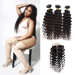 Steam processed deep wave hair extensions Brazilian hair weave 3bundles with lace closure