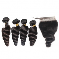 Elesis Hair Brazilian Top grade Raw Hair Loose Curl 4 Bundles with 4x4 Swiss Lace Closure