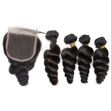 Peruvian Human Hair Loose Curl Unprocessed Virgin Hair Weave Bundles 4pcs with 4X4 Closure tangle free hair