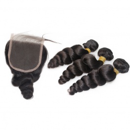 ElesisHair Loose Curly Peruvian Raw Virgin Hair 3 Bundles with 4X4 Free part Lace Closure
