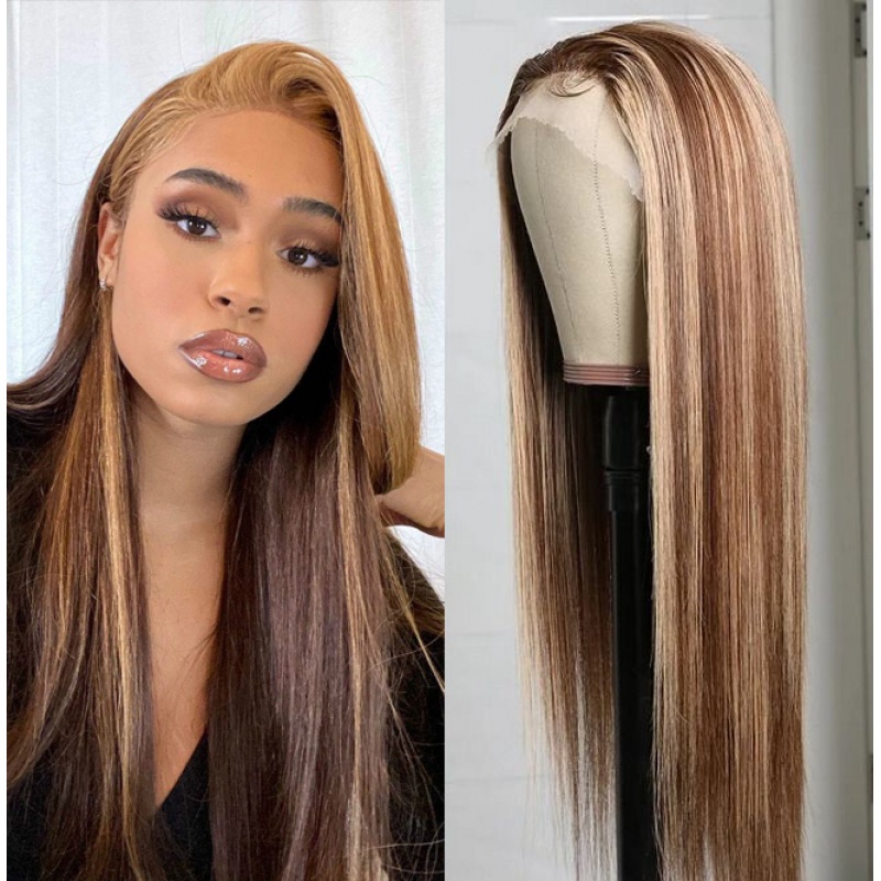 Elesis 180% Density Blonde Highlight Piano Color P4/27 Lace Part Wig  Human Hair Long Straight Hair-H427ST