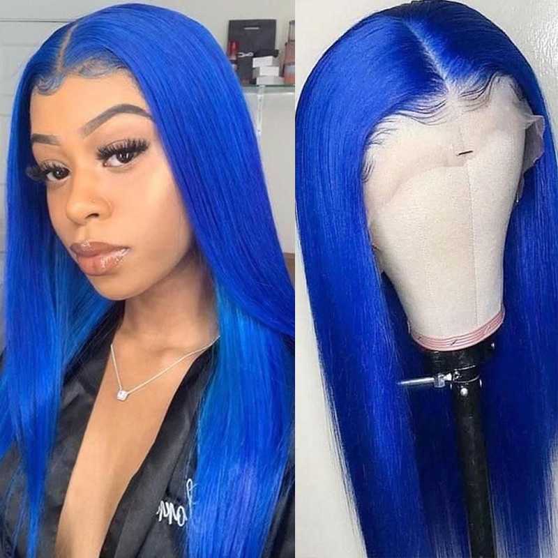 Elesis Virgin Hair Top grade Pure color Blue 100% raw hair lace Clousre wig/Frontal wig 180% Density Brazilian Hair Wig