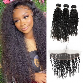Elesis Virgin hair top grade raw  brazilian hair Jerry Curly 3bundles with 13x4 preplucked frontal swiss lace / HD Lace