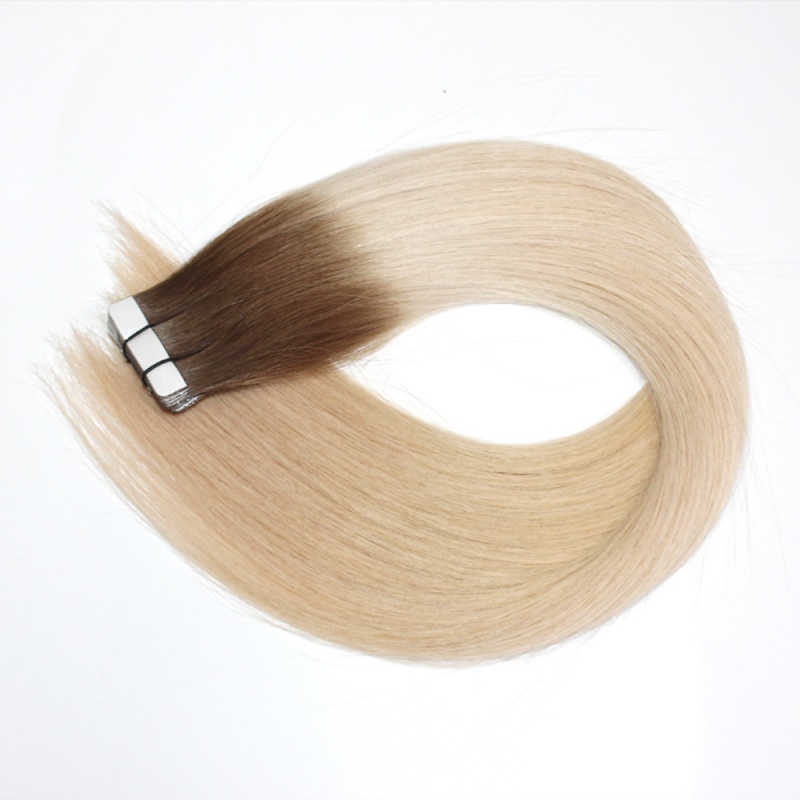 Virgin Remy Hair Tape in Extensions white blonde with darkroot brown Toner #T49