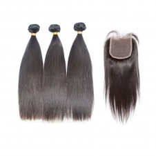 straight Raw  unprocessed brazilian  virgin hair Straight 3bundles thick hair with 4x4 closure free part 
