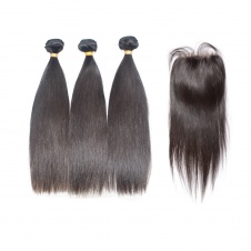 straight Raw  unprocessed brazilian  virgin hair Straight 3bundles thick hair with 4x4 closure free part 