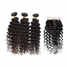 Steam processed deep wave hair extensions Brazilian hair weave 3bundles with lace closure