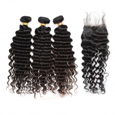 100% Cuticle Aligned Raw Virgin hair Peruvian Human hair tight curl deep curly 3 bundle with 4x4 lace closure