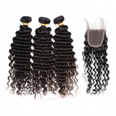 100% Cuticle Aligned Raw Virgin hair Peruvian Human hair tight curl deep curly 3 bundle with 4x4 lace closure