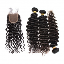 Malaysian Curly Weave Raw Human Hair Bundles 3pcs with 4x4 Lace closure Deep wave hair 