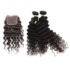 Raw Deep wave Indian hair weft natural color virgin human hair 3bundles with 4x4 Swiss Lace closure