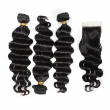 Fab hair Loose Deep Human hair natural color Brazilian Hair Weaving 3bundles with free part closure