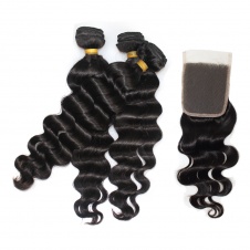 Affordable hair Peruvian loose wave more wave Raw Virgin Hair Extensions 3bundles with 4x4 free part closure