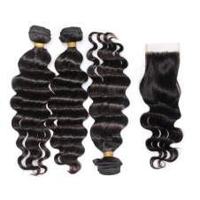 Malaysian loose wave natural black hair 100% Raw Virgin hair weave 3 bundles with 4x4 Swiss Lace closure Dropshipping