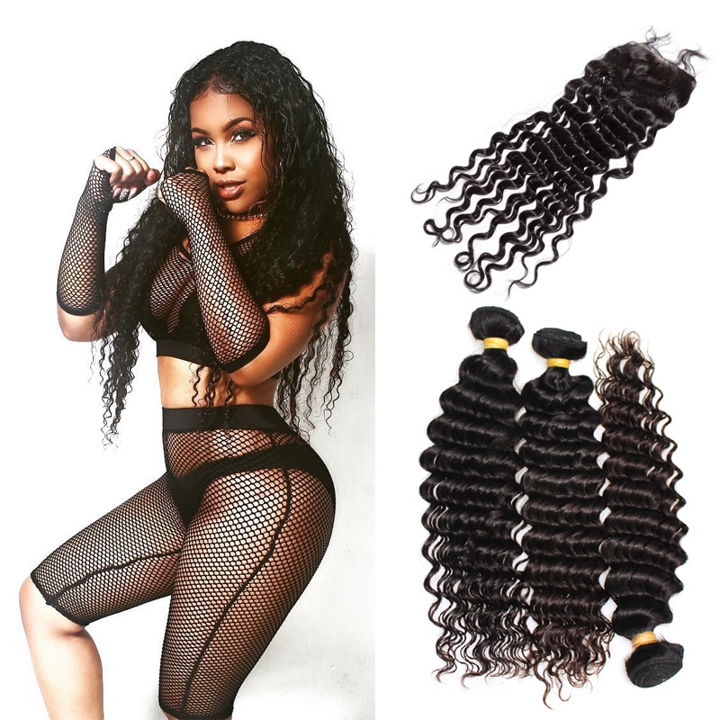 Malaysian Curly Weave Raw Human Hair Bundles 3pcs with 4x4 Lace closure Deep wave hair 