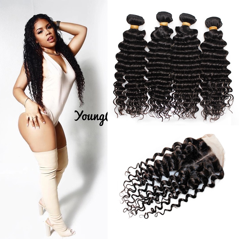 Raw Virgin Brazilian Deep Wave Hair 4Bundles with 4x4closure Unprocessed Virgin Brazilian Human Hair Natural Color
