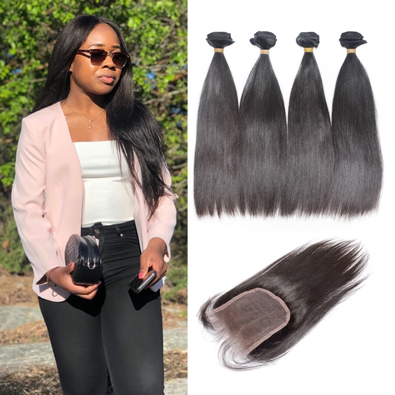 ElesisHair Brazilian Raw Virgin Hair Silky Soft Straight 4 Bundles with  Lace Clousre 4x4 Swiss Lace