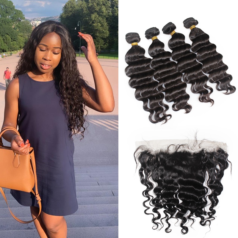 Cuticle Aligned Raw Virgin Hair 4pcs Peruvian loose wave Human Hair with 13x4 Preplucked frontal 