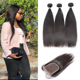 straight Raw  unprocessed brazilian  virgin hair Straight 3bundles thick hair with 4x4 closure free part 