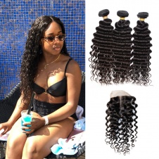 Steam processed deep wave hair extensions Brazilian hair weave 3bundles with lace closure