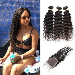 100% Cuticle Aligned Raw Virgin hair Peruvian Human hair tight curl deep curly 3 bundle with 4x4 lace closure