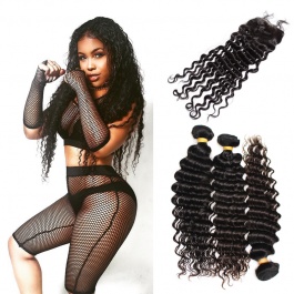 Malaysian Curly Weave Raw Human Hair Bundles 3pcs with 4x4 Lace closure Deep wave hair 