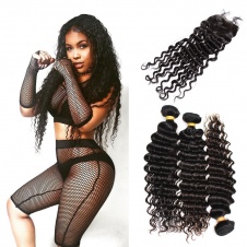 Malaysian Curly Weave Raw Human Hair Bundles 3pcs with 4x4 Lace closure Deep wave hair 