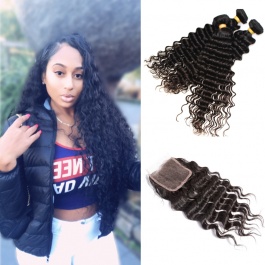 Raw Deep wave Indian hair weft natural color virgin human hair 3bundles with 4x4 Swiss Lace closure