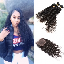 Raw Deep wave Indian hair weft natural color virgin human hair 3bundles with 4x4 Swiss Lace closure