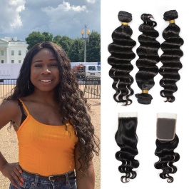 Fab hair Loose Deep Human hair natural color Brazilian Hair Weaving 3bundles with free part closure