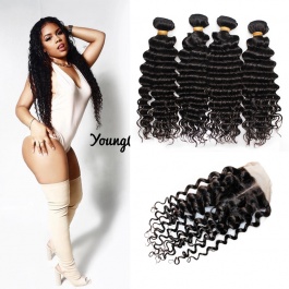 Raw Virgin Brazilian Deep Wave Hair 4Bundles with 4x4closure Unprocessed Virgin Brazilian Human Hair Natural Color