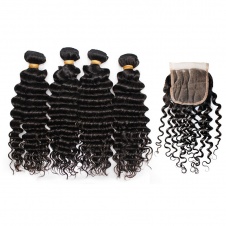 Raw Virgin Brazilian Deep Wave Hair 4Bundles with 4x4closure Unprocessed Virgin Brazilian Human Hair Natural Color
