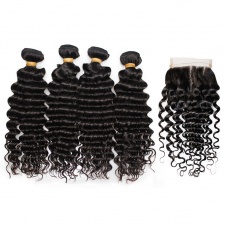 Raw Virgin Brazilian Deep Wave Hair 4Bundles with 4x4closure Unprocessed Virgin Brazilian Human Hair Natural Color