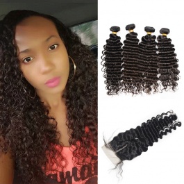 Elesis Virgin Hair Deep Wave Peruvian  Human Hair 4 Bundles with Closure Top Grade Unprocessed Raw Hair