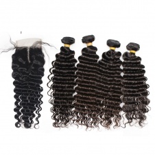Elesis Virgin Hair Deep Wave Peruvian  Human Hair 4 Bundles with Closure Top Grade Unprocessed Raw Hair