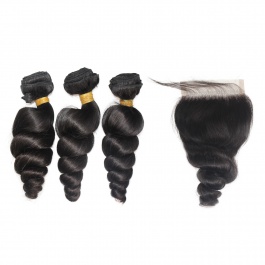 ElesisHair Brazilian Loose Curly Raw Virgin Hair 3 Bundles with 4X4 Free part Lace Closure