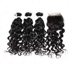 ElesisHair   4x4 Free part Lace Closure with Top grade Raw Virgin Peruvian Human Hair Water Wave 3 Bundles 