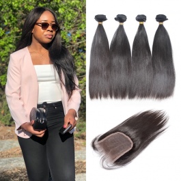 ElesisHair Brazilian Raw Virgin Hair Silky Soft Straight 4 Bundles with  Lace Clousre 4x4 Swiss Lace