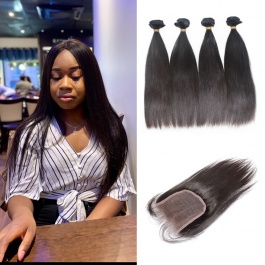 Peruvian Raw Virgin  straight  Human Hair 4 Budnles with 4x4 Swiss Lace Closure 