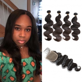 ElesisHair Peruvian Body wve Raw Virgin Hair 4 Bundles with 4x4 Lace closure Swiss Lace