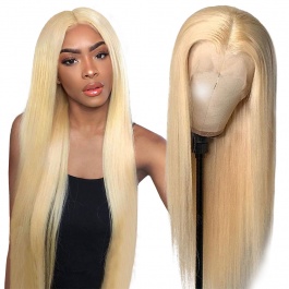 Elesis Virgin Hair half machine-made half handmade full density blonde human hair straight frontal lace wig
