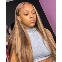 Elesis 180% Density Blonde Highlight Piano Color P4/27 Lace Part Wig  Human Hair Long Straight Hair-H427ST