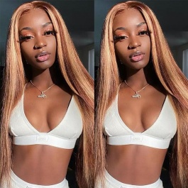 Elesis 180% Density Blonde Highlight Piano Color P4/27 Lace Part Wig  Human Hair Long Straight Hair-H427ST