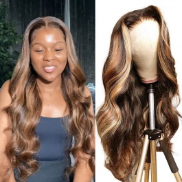 Elesis Virgin Remy Human Hair Lace Wigs Blonde Highlight Piano Colored #4/27 Wigs Body Wave Hair Wigs-H427BW