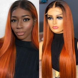Orange Ginger Human Hair Wigs Ombre Color T#1b/130A Virgin Remy Hair Lace Wig 180% Brazilian  4x4 Closure Wig Lace Front